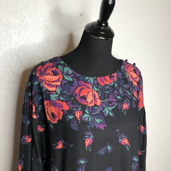 Anthropologie Maeve black pink floral balloon sleeve linen blend top size Medium - Picture 2 of 15
